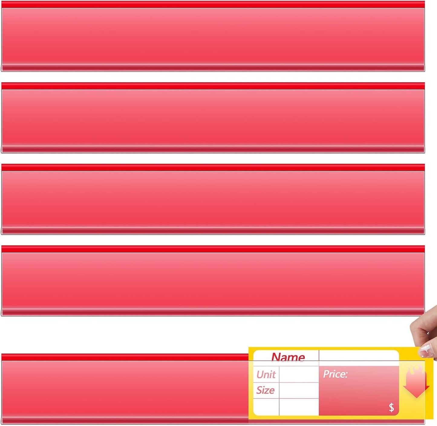 Spiareal 50 Pcs 47.8 x 1.38 Inch Shelf Label Strips Adhesive Back Stick on Data Price Tag Holder Clear PVC Adhesive Ticket Channel for Supermarkets Convenience Shops (Red)