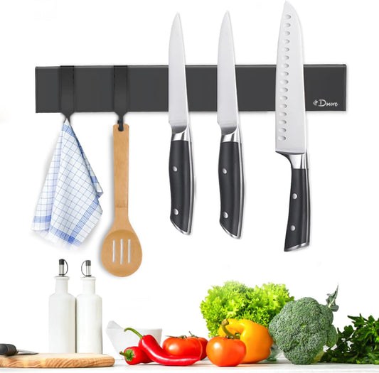 Dmore magnetic knife holder for wall—with 2 hooks, No Drilling 10 Inch black knife magnetic strip, Powerful knife magnet rack, include Adhesive Tape and screws for Knives, Utensils, and Tools