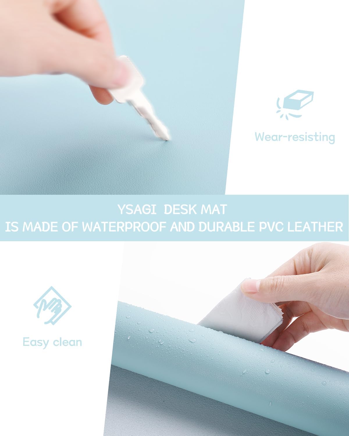 YSAGi Non-Slip Leather Desk Pad, Waterproof Laptop Computer Desk Keyboard Mat, Table Protector Blotter Mat, Large Mouse Pad for Office/Work/Home/Decor(Sky Blue, 31.5" x 15.7")