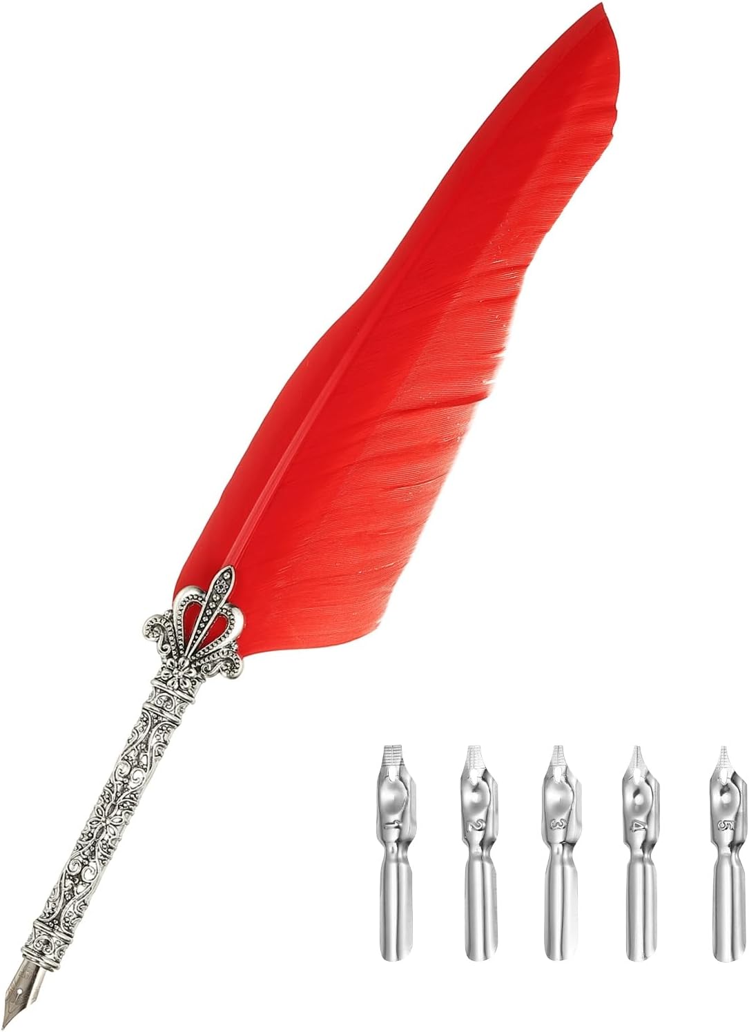 PATIKIL 26.5cm/10.4" Calligraphy Feather Quill Pen, Vintage Feather Dip Pen with 5 Replacement Nibs for Calligraphy Writing Wedding Office Gifts, Red