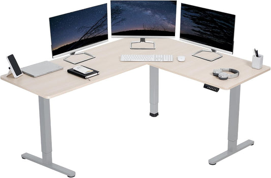 VIVO Electric Corner L-Shaped 63 x 55 in Standing Desk, Memory Height Adjustment, Light Wood Top Gray Frame, DESK-E3CTGC