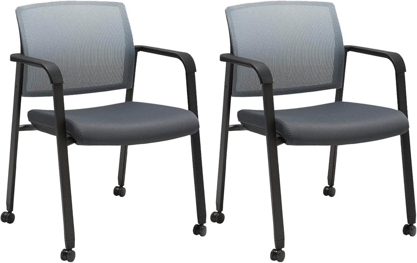 CLATINA Mesh Back Stacking Arm Chairs with Upholstered Fabric Seat and Ergonomic Lumbar Support for Office School Church Guest Reception (WithWheels Gray- 2 Pack)