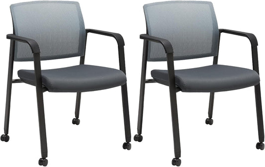 CLATINA Mesh Back Stacking Arm Chairs with Upholstered Fabric Seat and Ergonomic Lumbar Support for Office School Church Guest Reception (WithWheels Gray- 2 Pack)