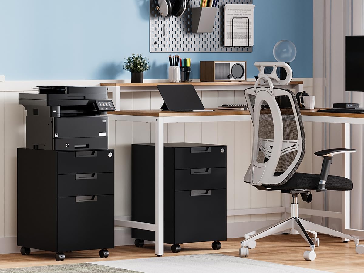 MIIIKO 3 Drawer Filing Cabinet with Lock, Metal Black Vertical File Cabinets for Home Office, Full Assembled File Cabinets Under Desk, Letter/Legal/A4 File Folders Storage