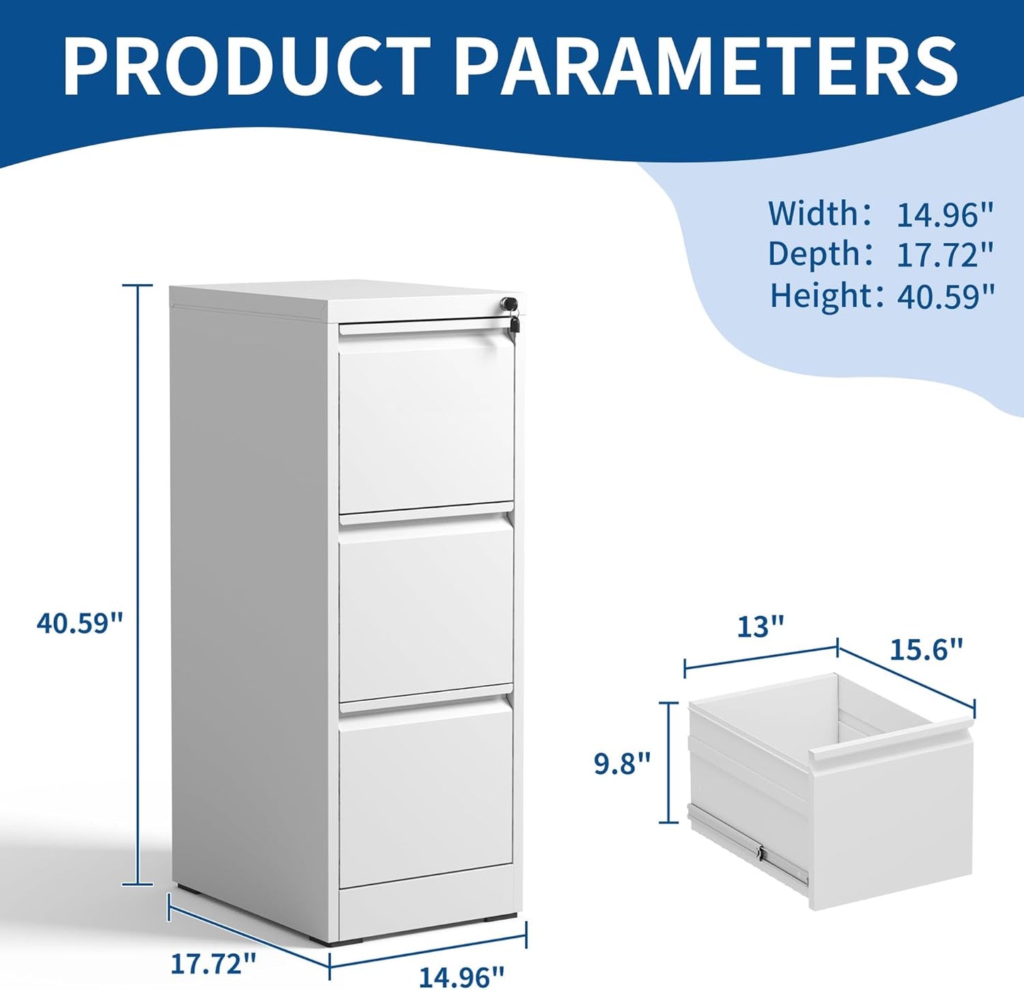 3-Drawer Locking Vertical File Cabinet, Metal Storage Cabinet for Office/Home – Secure Vertical Filing for Letter/Legal/A4/F4 Documents, Easy to Assemble Steel Cabinet (White, 3 Drawer-40 H)