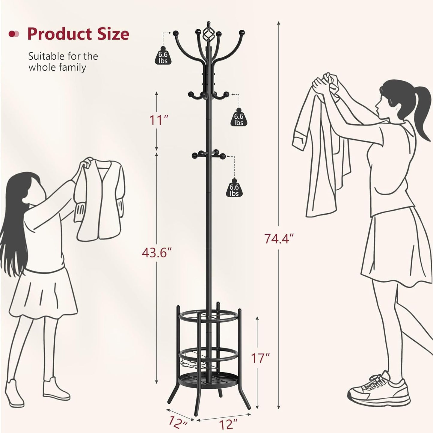 Tajsoon Coat Rack Stand with Umbrella Holder, Coat Tree Freestanding with 16 Hooks, Coat Hangers Stand for Living Room, Bedroom, Office, Black