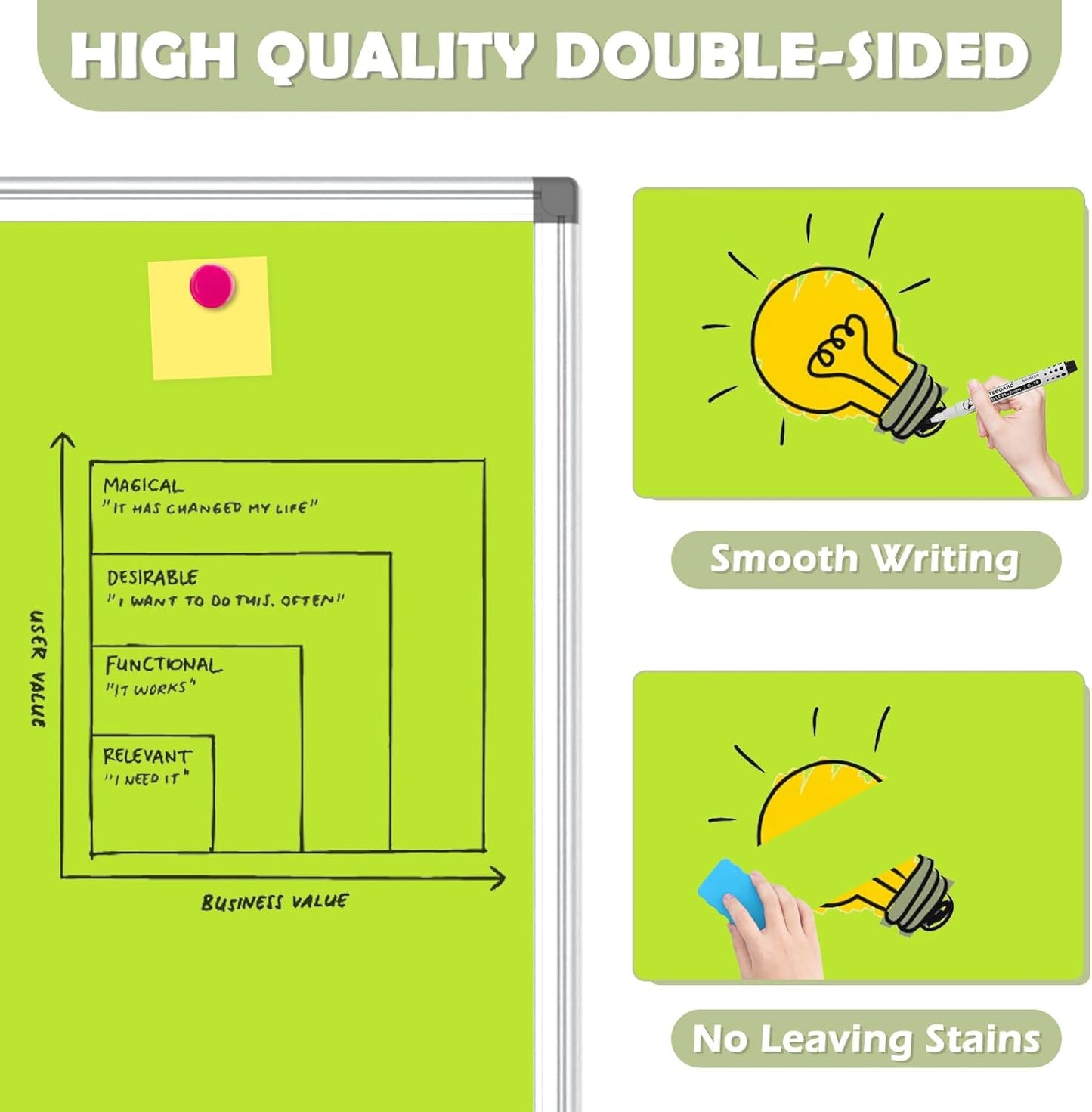 WALGLASS Magnetic Whiteboard 24"x18" Dry Erase White Board for Walls with Pen Tray, Aluminium Frame and Dry-Wipe Writing Surface for Kids' Drawing, Home, and Office (Green)