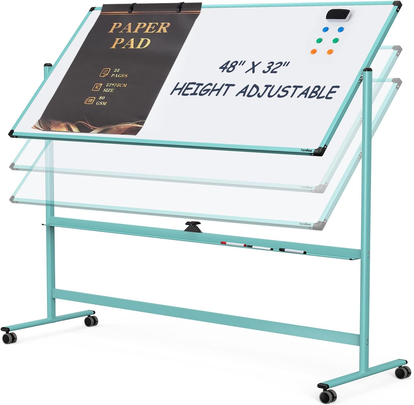 Rolling Whiteboard, 48x32 Inches Dry Erase Board with Stand, Magnetic Mobile Whiteboard on Wheels, Standing White Board for Office, School, Home, Large Double Sided White Board with Paper Pad