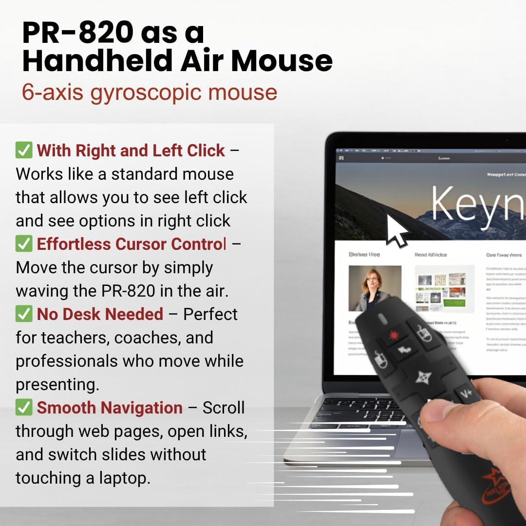 PR-820 Wireless Presentation Clicker with Laser Pointer, PowerPoint Clicker with Air Mouse, Remote for Slideshows, Google Slides, Keynote & Smartboards, Mac/PC Compatible