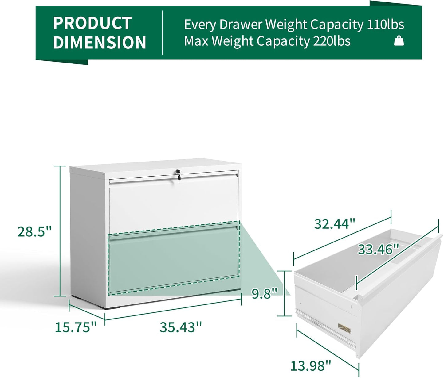 2 Drawer Lateral File Cabinet with Lock, Metal Filing Cabinets for Home Office, Steel Storage Wide File Cabinet for Letter/Legal/F4/A4 Size with Hanging Bars, Assembly Required (White)