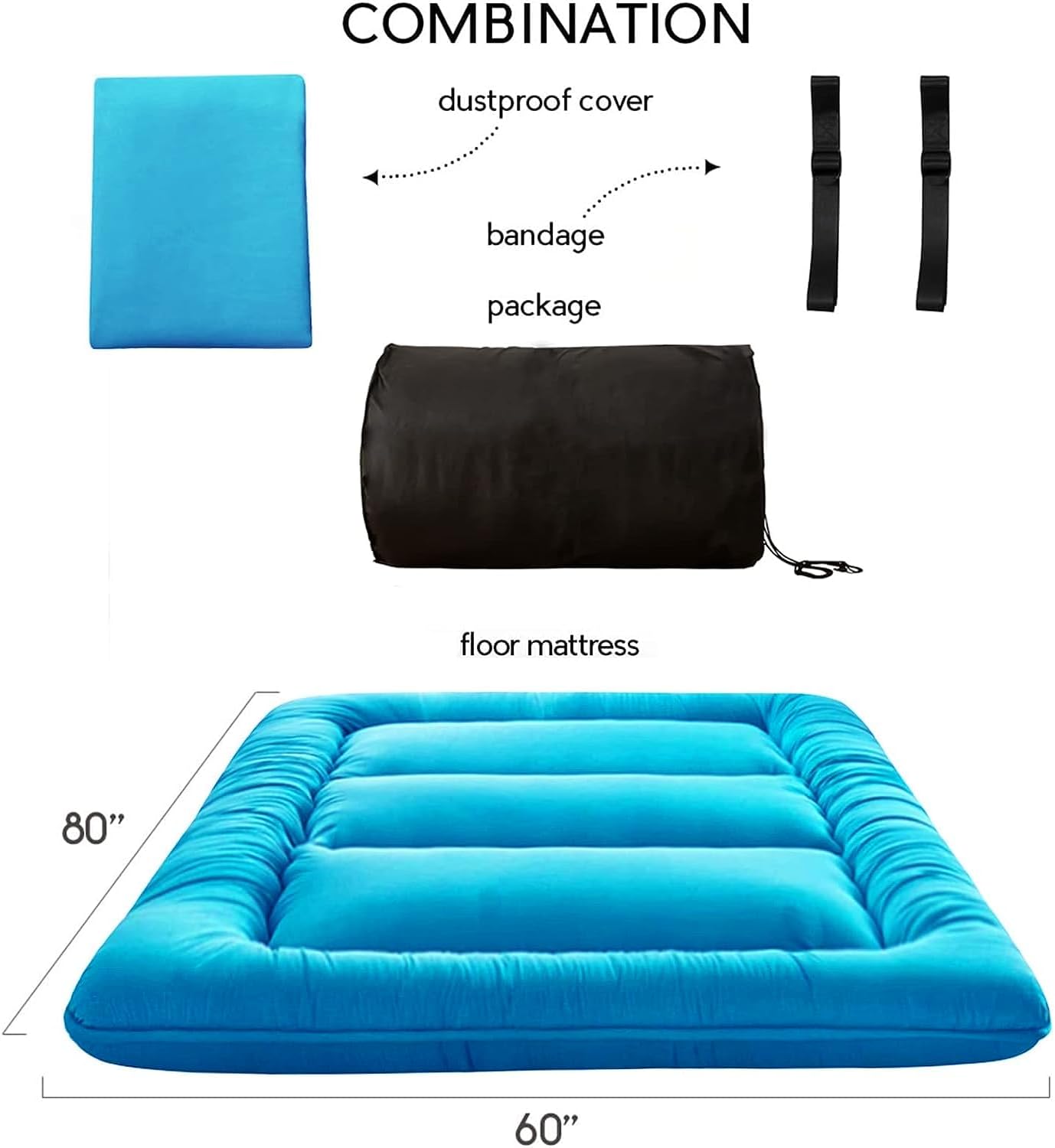 MAXYOYO Japanese Floor Mattress Futon Mattress, Thicken Tatami Mat Sleeping Pad Foldable Roll Up Mattress Boys Girls Dormitory Mattress Pad Kids Floor Lounger Bed Couches and Sofas, Turquoise, Queen