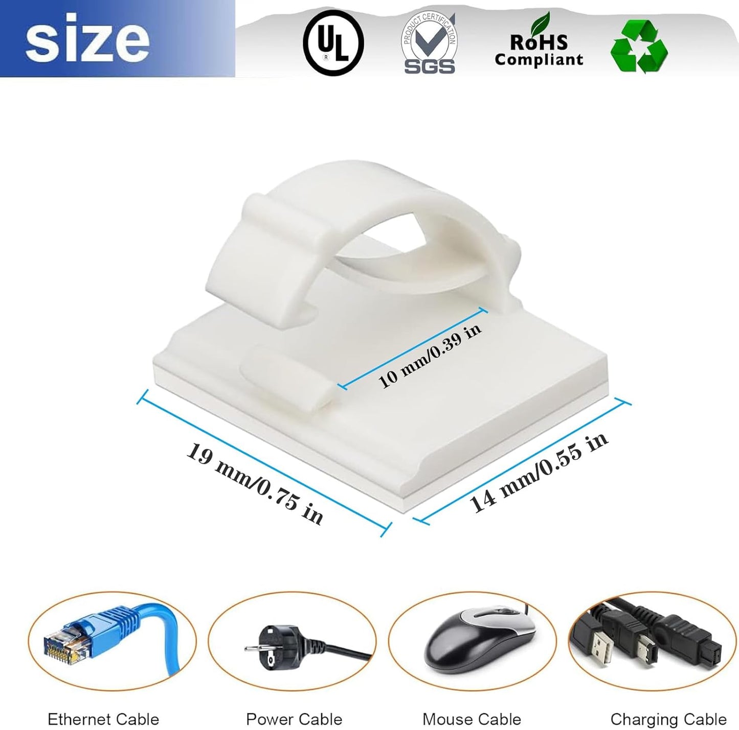 Adhesive Cable Holder Management Wire Clips 50 Pcs White，Suitable for Cables with a Diameter of ≤ 6mm in Cars, Houses, and Offices