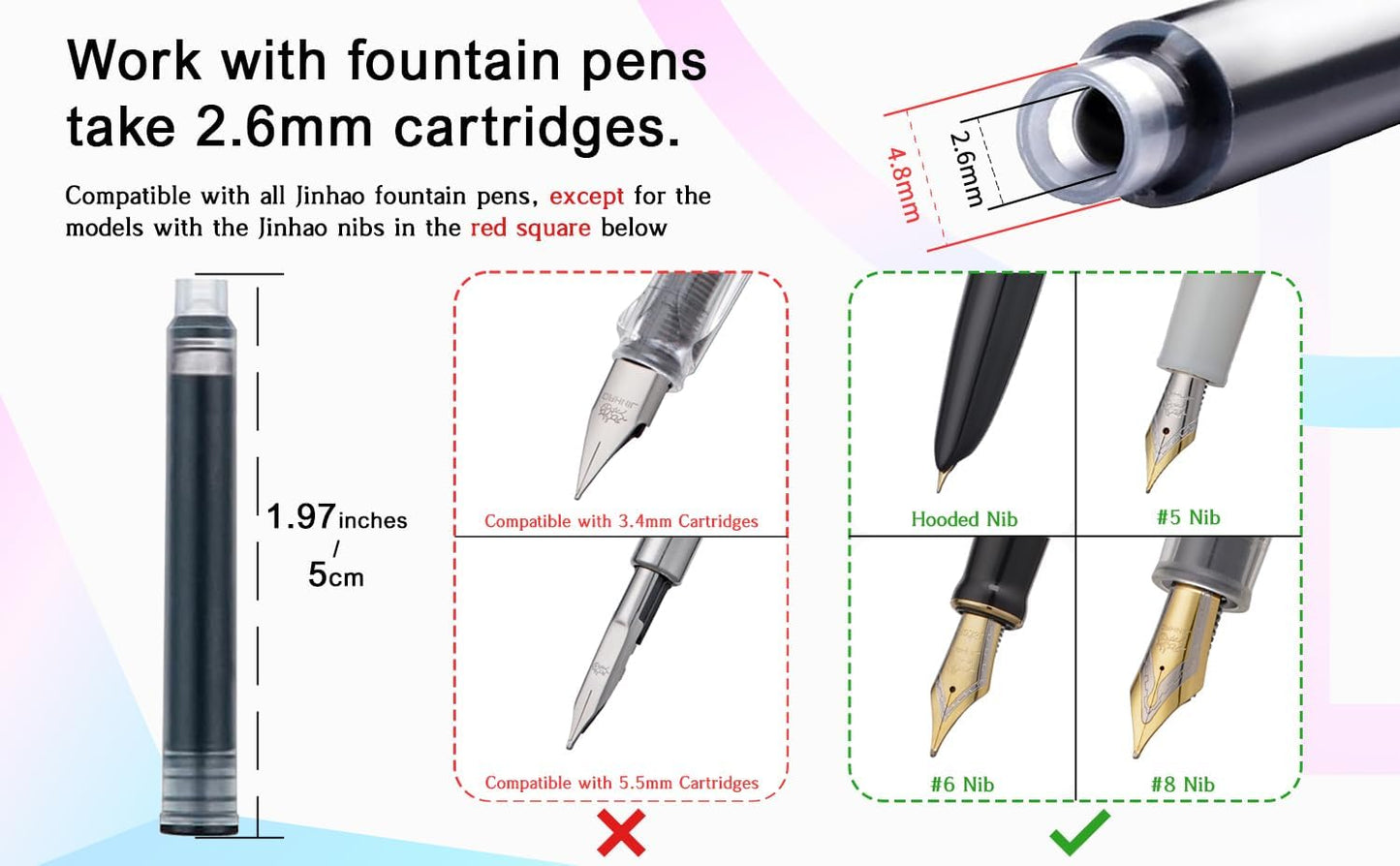 30 PCS Jinhao Fountain Pen Ink Cartridges Refill 6 Colors Set, Black, Blue, Apple Green, Purple, Red and Orange International Standard Size 2.6mm Bore Diameter
