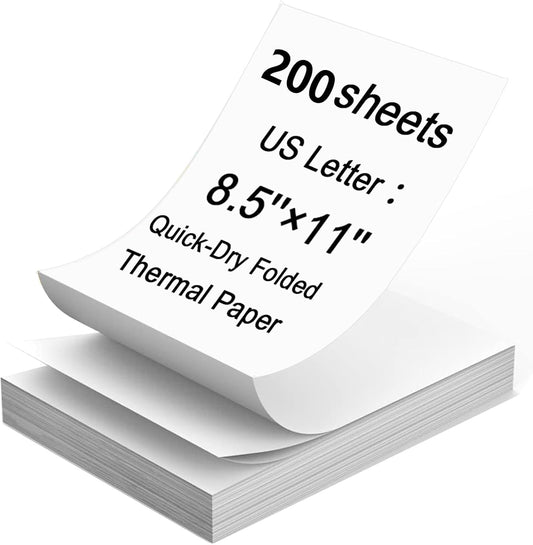 200 Sheets, Thermal Printer Paper 8.5 x 11 Inch, Folded US Letter Size, Suitable with Most Thermal Portable Printer, Such IOO.., Munb.., Jad.., Hpr.., Phome.., Quick-Drying, Waterproof(Keep 3 Years)
