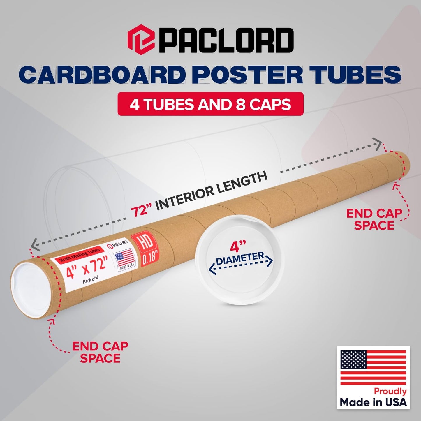 4" x 72" Heavy-Duty Reinforced Cardboard Mailing Tube, Pack of 4 Tubes with 8 Caps – Secure USPS Approved – Great for Shipping and Storing of Prints, Artwork, Posters or Documents