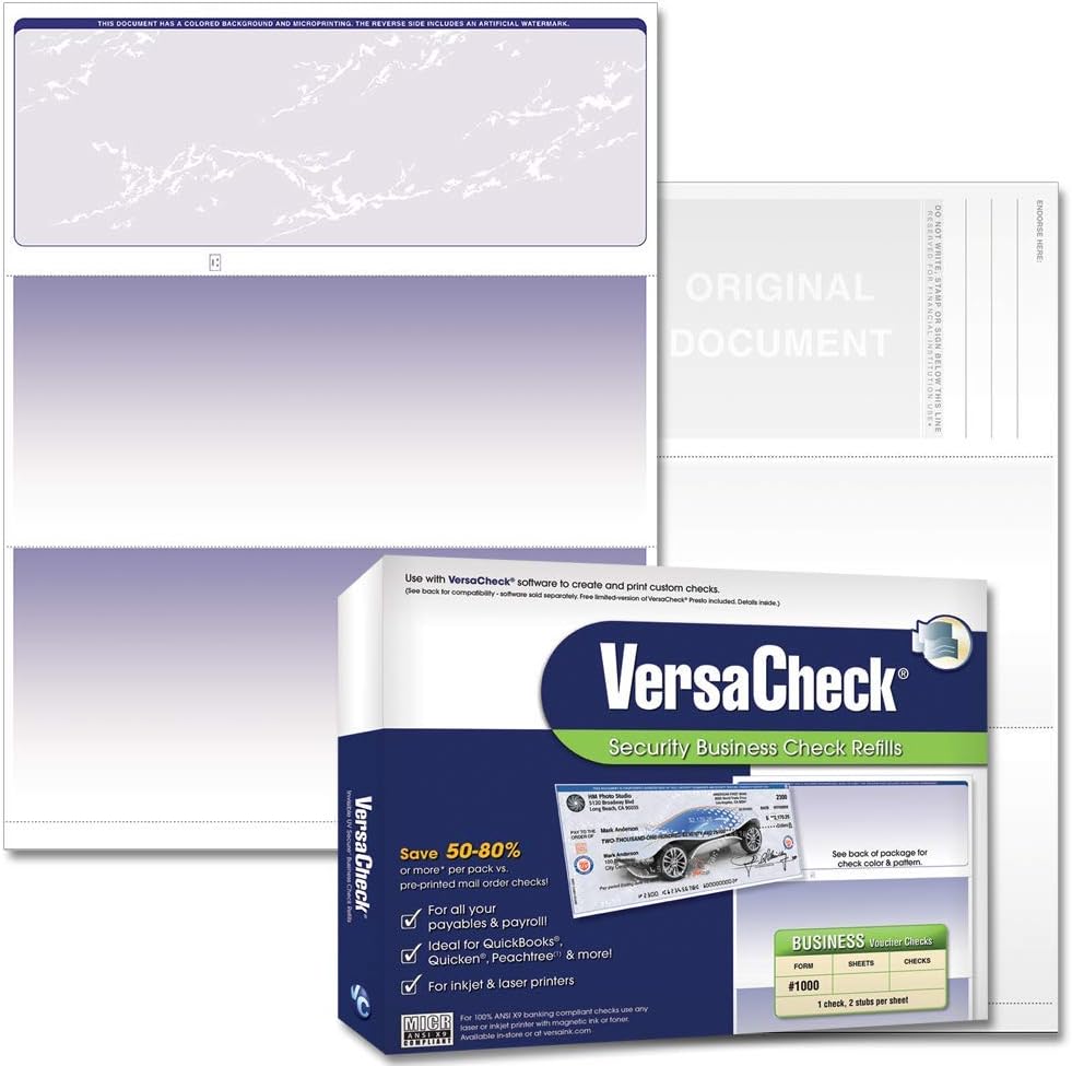 VersaCheck Secure Form #1000 - Blank Business Voucher on Top - Blue Prestige - 1000 Sheets