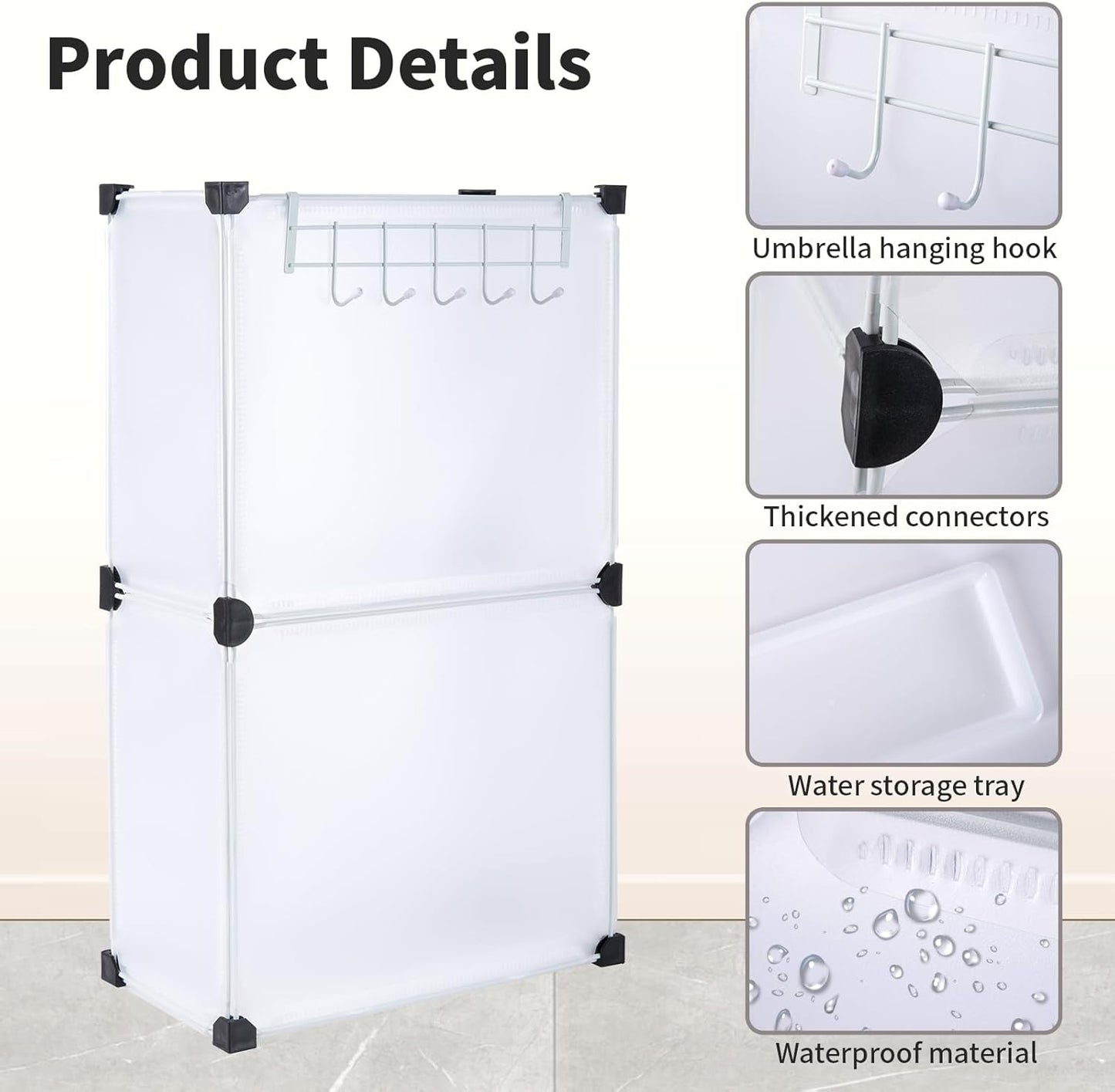 Umbrella Stand, Umbrella Holder for Entryway, 14.3 * 7.4 * 24.4inches,Square umbrella storage rack with built-in drip tray and metal hook,White.