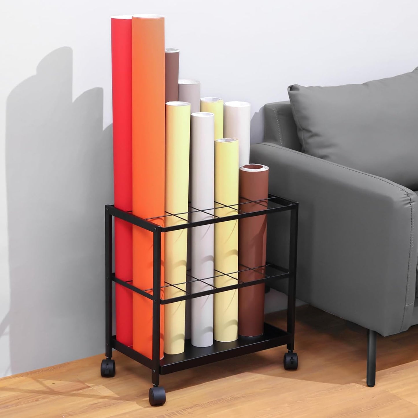 Premium Blueprint Storage Rack Cart - 15 Slots Metal Blueprint Holder with Double-Layer Grids Ensures Secure, Non-Slip Storage, Organizing Posters, Architectural Plans, and Artwork Stably.