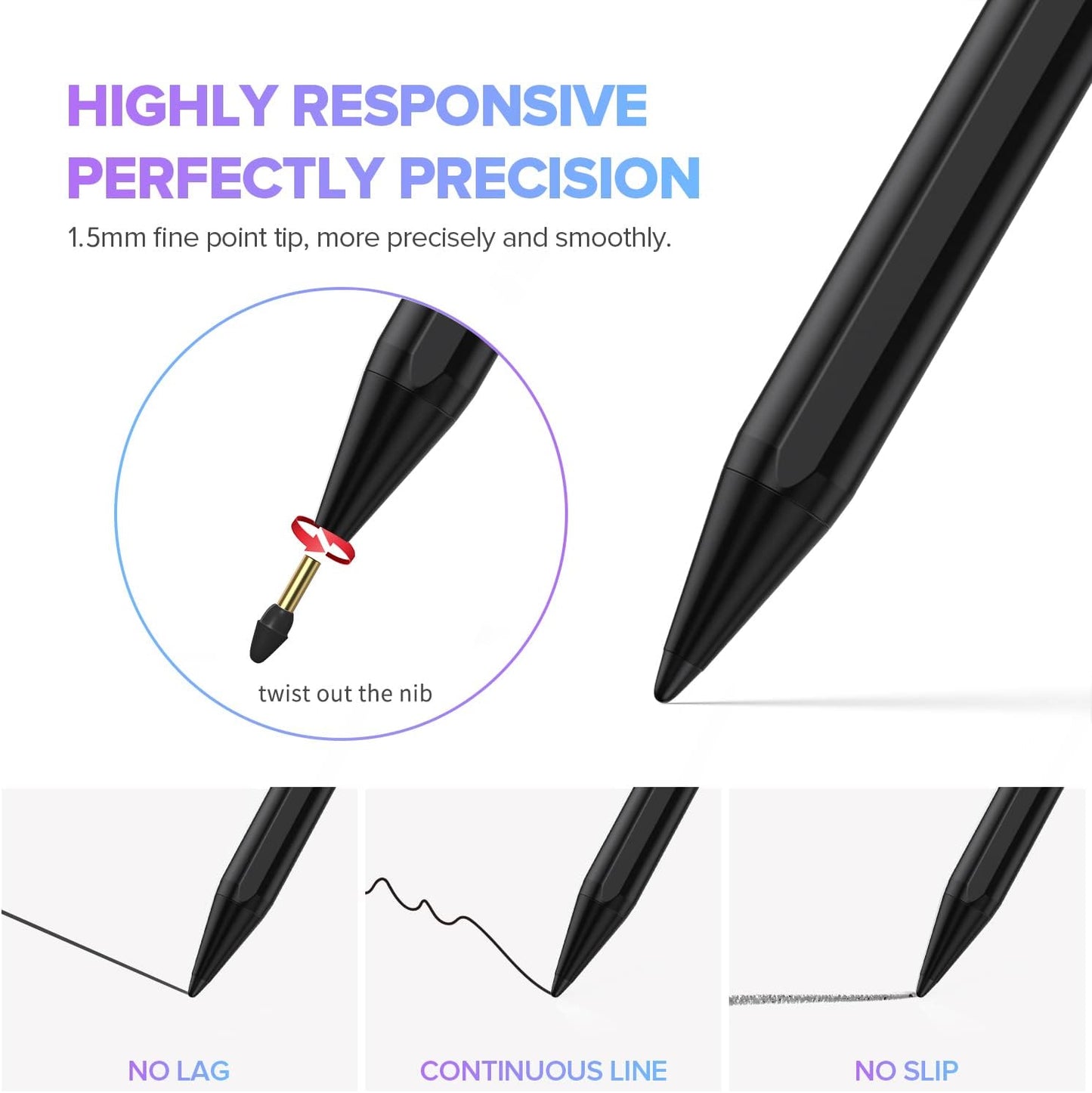 Stylus Pen 2X Fast Charge Active Pencil Compatible with 2018-2025 Apple iPad Pro 11"/12.9"/M4, iPad Air 3/4/5/M2/M3, iPad 6-11, iPad mini 5/6 Gen-Black