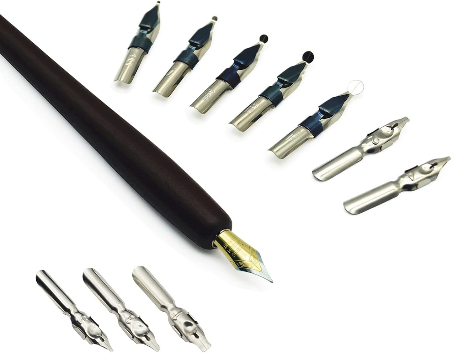 Plotube Wooden Pen Calligraphy Set - Dip Pen Gift Writing Case - Black Ink Bottle & Golden Holder & 11 Nibs and Beginner's Manual