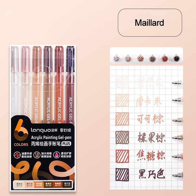 Acrylic Gel Pens for Coloring Books, Quick Dry 6 Pcs 1.0mm Fine Point Gel Marker Pen for Drawing, Journaling Art, School Supplies, Maillard