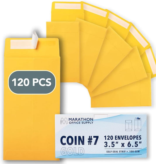 MOS #7 Gold Coin Envelopes 3.5 x 6.5 Inch 120 Pack — Self-Seal Yellow Money Envelopes for Cash, Budgeting, Savings Challenges, Seed Storage, Small Parts