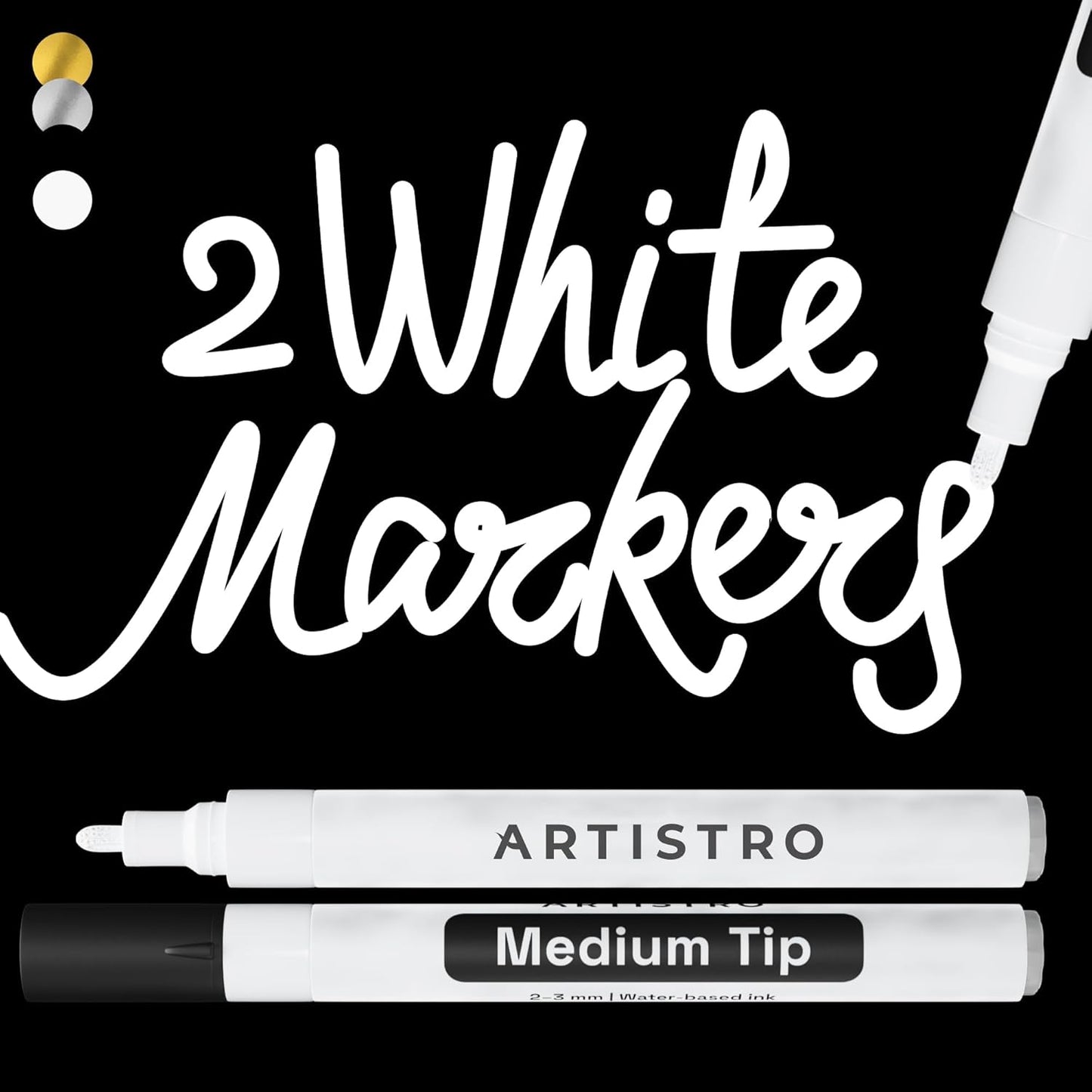 ARTISTRO 2 White Acrylic Paint Markers - 3mm Medium-Tip Paint Pens - Perfect for Crafting, Art Projects, & More