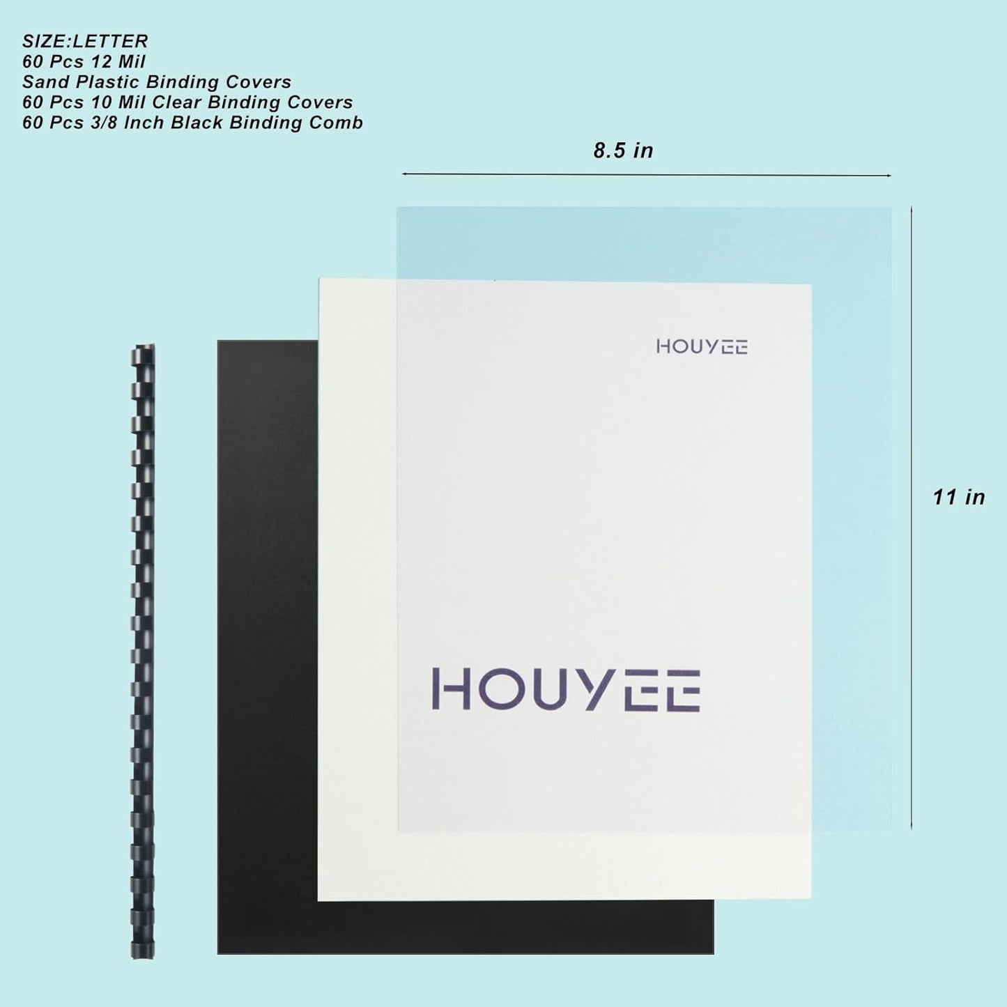 HOUYEE 180 Pack Binding Covers Set: 60 Pcs 3/8 Inch Black Binding Combs, 8.5x11 Inches, 60 Pcs 10 Mil Clear Binding Covers, 60 Pcs 12Mil Black Sand Texture, Letter Size