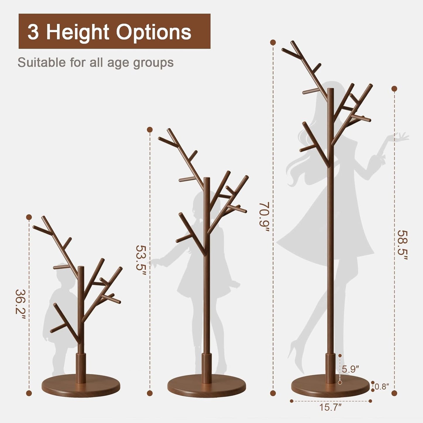 Coat Rack,Solid Wood Coat Rack Freestanding with 12 Hooks,Coat tree freestanding 3 Adjustable Heights for coat, Hats, Handbags，Coat Stand for Entryway,Bedroom (Walnut)