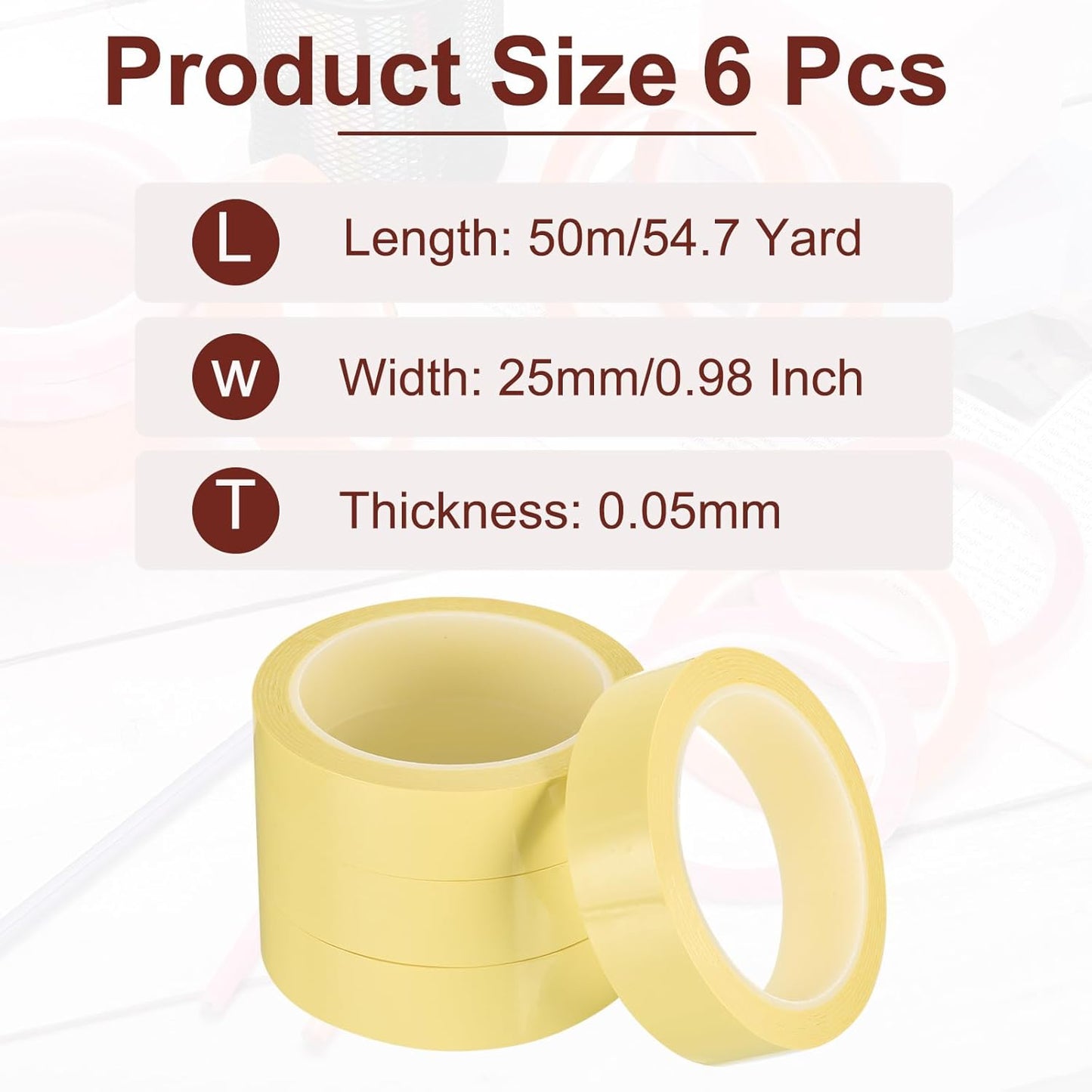 MECCANIXITY 6 Rolls Whiteboard Tape Graphic Chart Tape 25mm 54.7 Yard Art Tape Thin Self-Adhesive Pinstripe Tape Masking Tape for Gift Wrapping Craft Supplies, Light Yellow