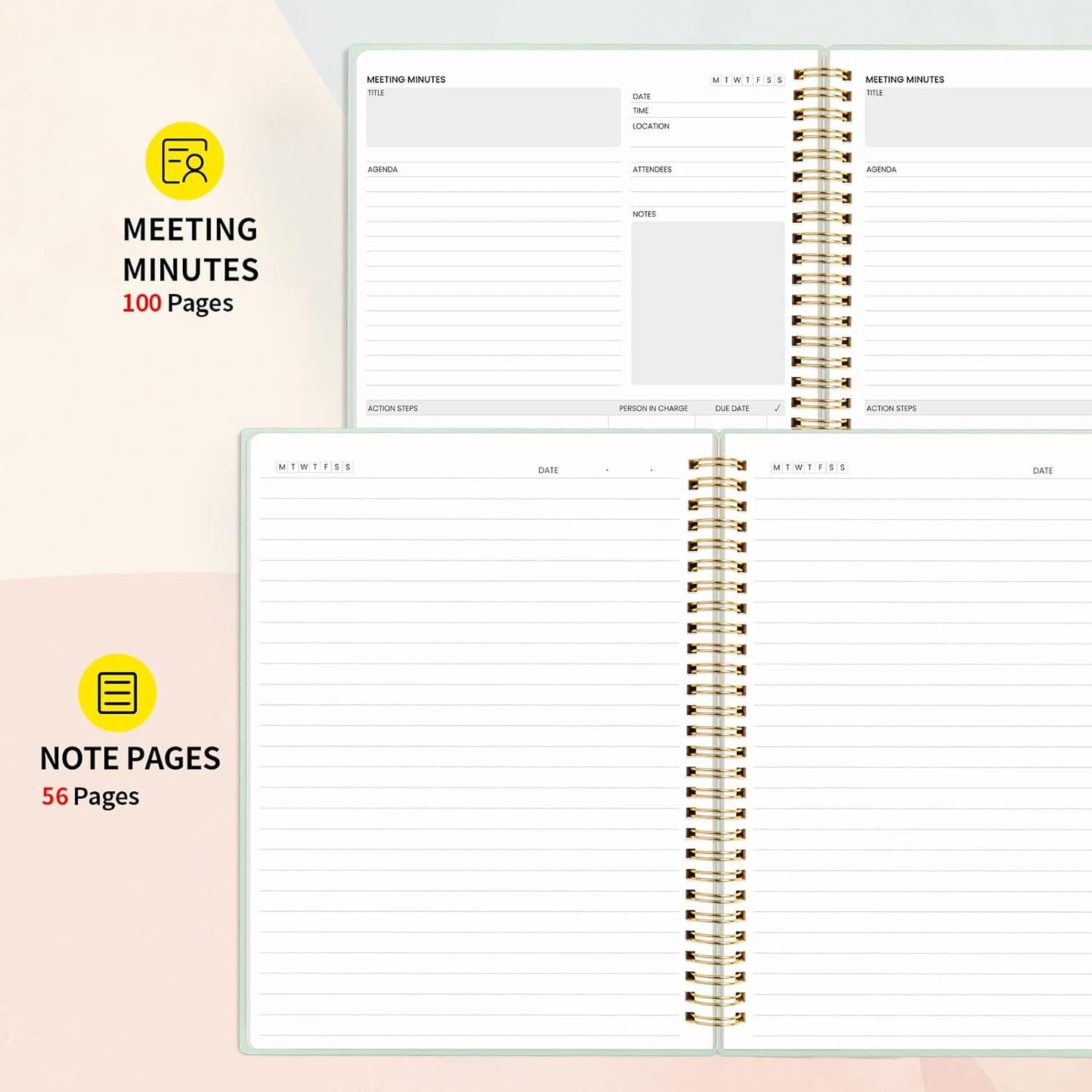 SUNEE Meeting Notebook for Work with Sticky Tabs - 160 Pages, A4 Size Project Planner, Spiral Meeting Agenda/Minutes Notebook Organizer for Women Men, Note Taking, Office&Business,8.5"x11", Sage Green