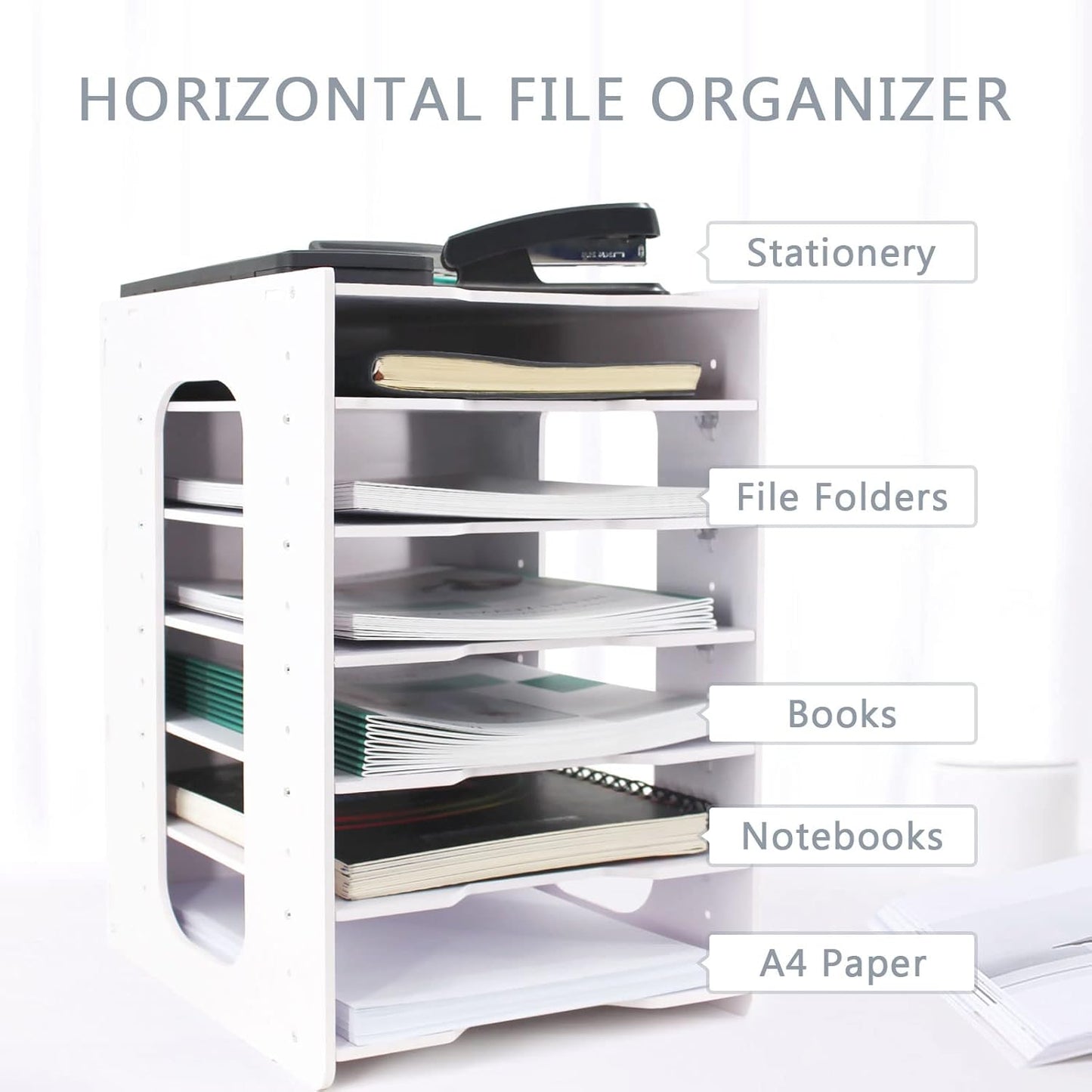 SONGWAY File Organizer for Desk - 7 Tier Document Holder with Removable Shelves, Letter Mail Rack, File Sorter Organizer, A4 Paper Storage Holder, Desktop Organizer for Home Office School, White