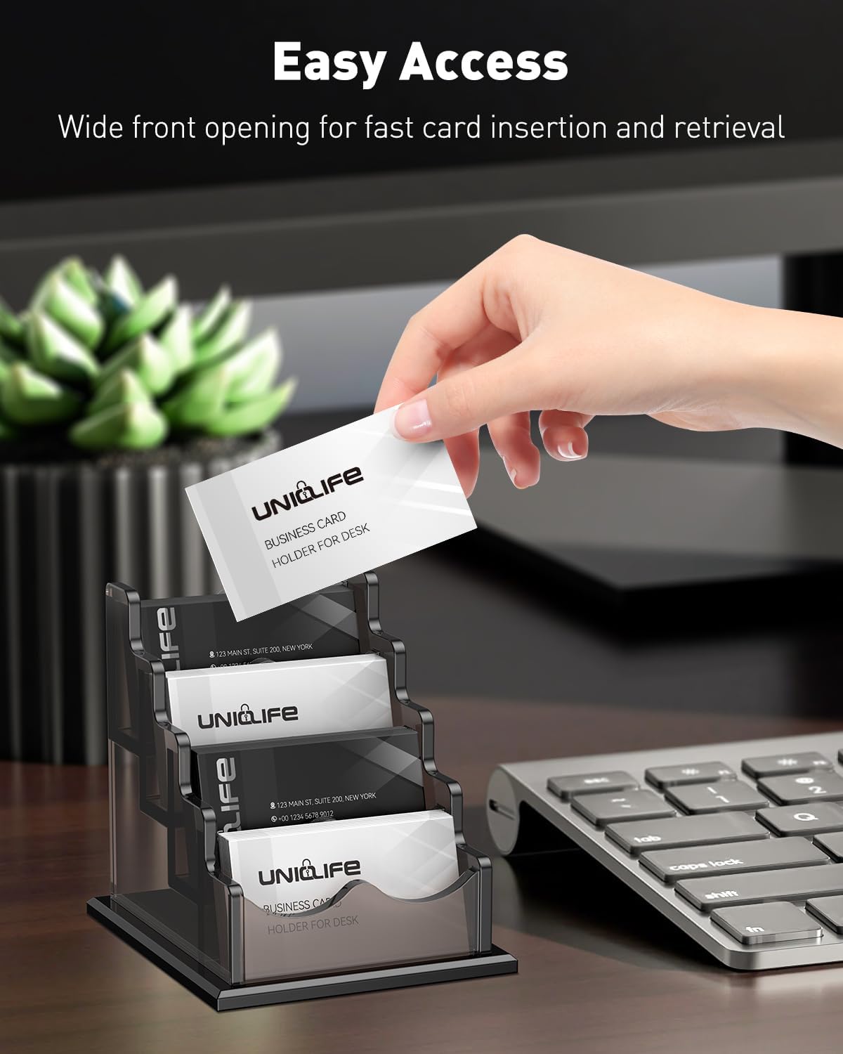 Uniclife Acrylic Business Card Holder for Desk 4 Slots Horizontal Business Card Display Stand for Men and Women Desktop Name Card Organizer Card Stand for Office Home, 240 Card Capacity, Black