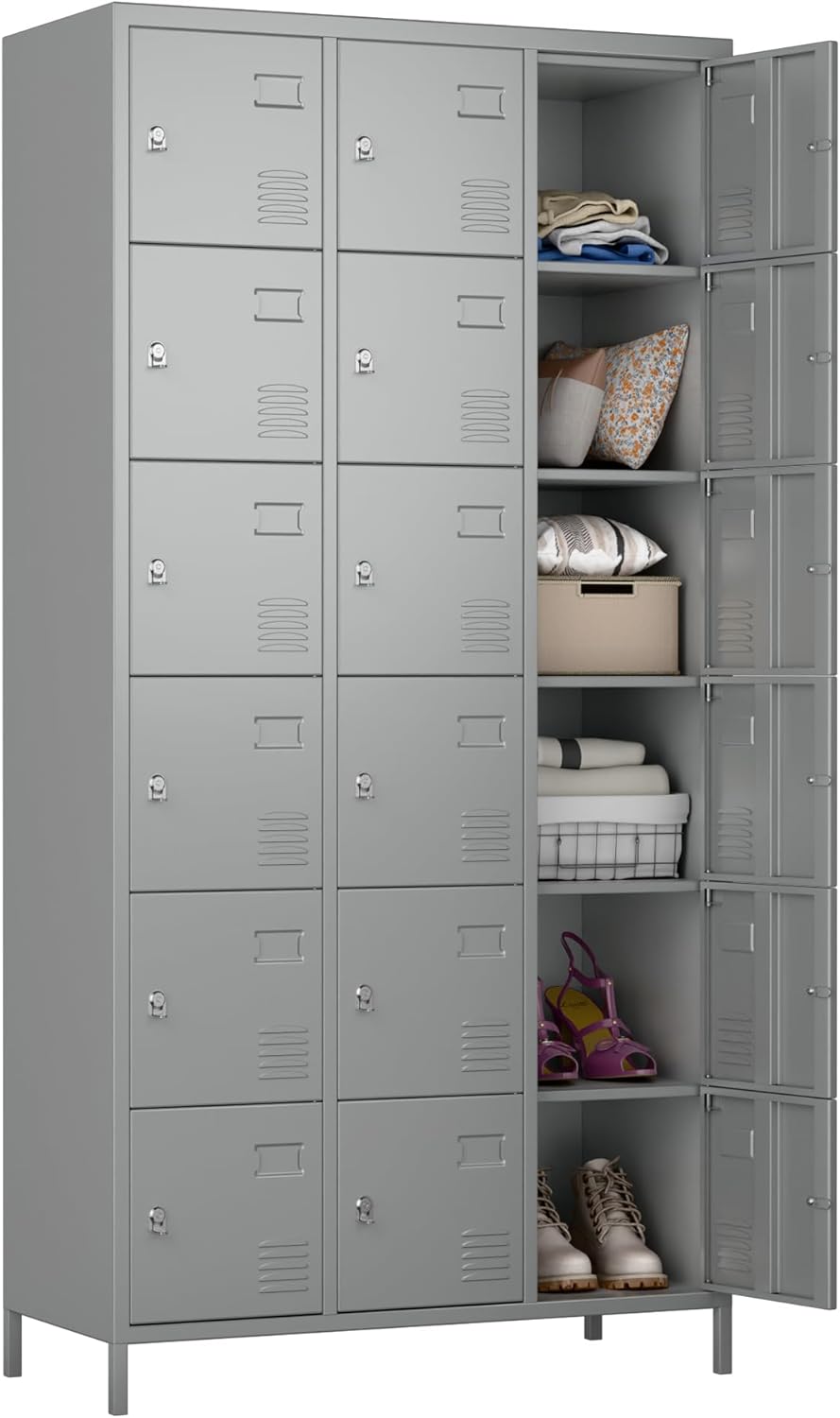 Metal Lockers for Employees with Lock,Metal Storage Locker with 18 Doors for School Garage Office Gym Bedroom,Assembly Required,18 Door Light Grey