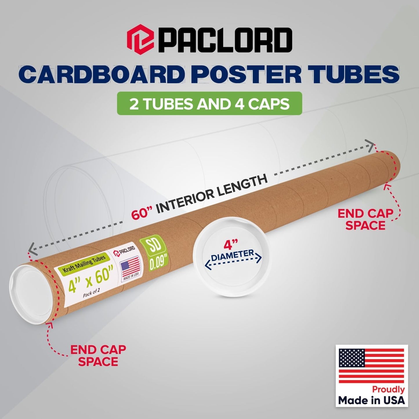 4" x 60" Reinforced Kraft Paper Mailing Tube, Pack of 2 Tubes with 2 Caps – Secure USPS Approved Poster Tube – Cardboard Tube for Shipping and Storing Posters, Prints, Artwork, or Documents