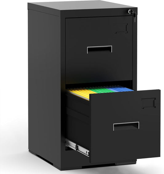 2 Drawer File Cabinet with Lock and Card Slot, Metal Vertical Filing Cabinets for Home Office, Steel Storage Cabinet for Hanging Legal/Letter Size Files, Assembly Required (Black)