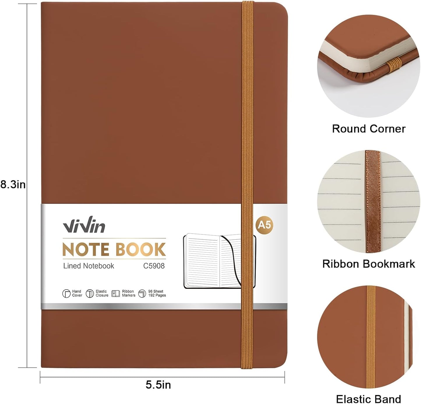 ViVin Lined Journal Notebooks, 3 Pack, Brown, 192 Pages, Medium 5.5 x 8.3 inch, College Ruled, A5 Hardcover Notebooks, Journaling Notebooks for Writing, Business, School