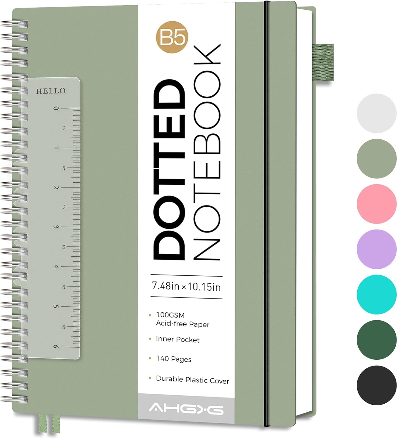 AHGXG Bullet Dotted Journal - Dot Grid Spiral Notebook B5, 140 Pages, 100 GSM Thick Paper, Waterproof Plastic Cover Journals for Bullet Journaling, Sketching, 7.6" x 10", Sage Green