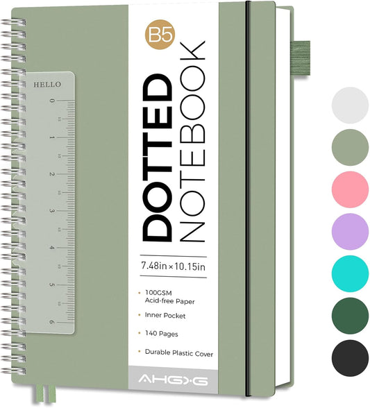 AHGXG Bullet Dotted Journal - Dot Grid Spiral Notebook B5, 140 Pages, 100 GSM Thick Paper, Waterproof Plastic Cover Journals for Bullet Journaling, Sketching, 7.6" x 10", Sage Green