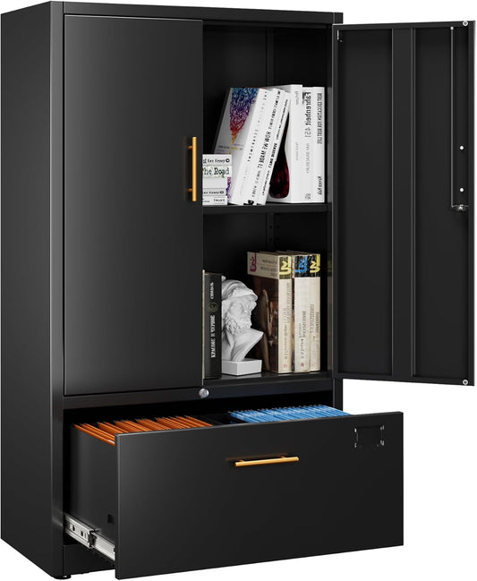 1 Drawer Lateral File Cabinet with Lock, Metal Filing Storage Cabinet with Locking Doors and Adjustable Shelf for Home, Office, School, Fits A4/Letter/Legal Size Folders, Black