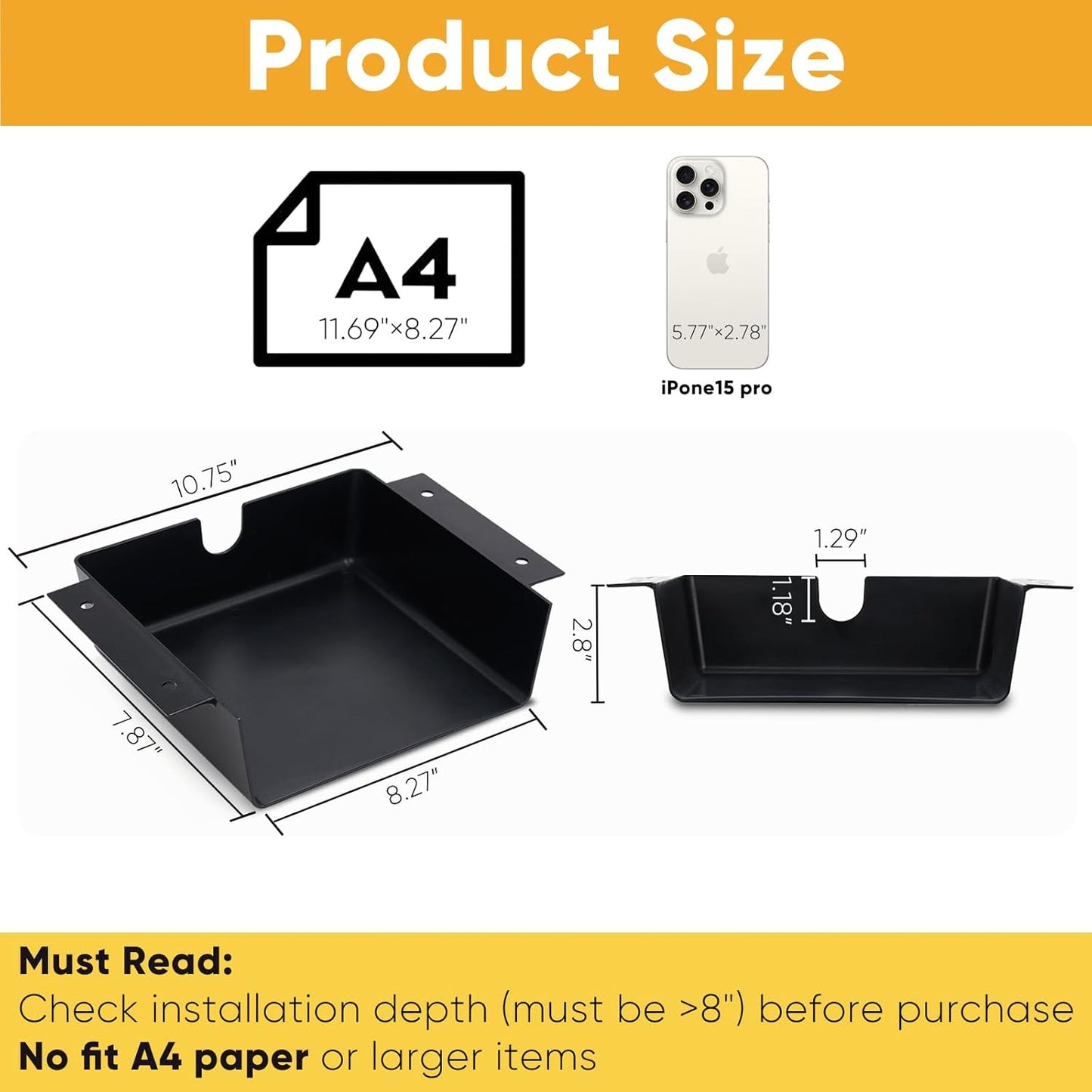 4 Pack Under Desk Hanging Shelf Drawer Organizer, Attachable Plastic Hidden Storage Tray, Easy Adhesive Mount Holder for Standing Tables, Office, Counters, Cabinets, Workstations - Black