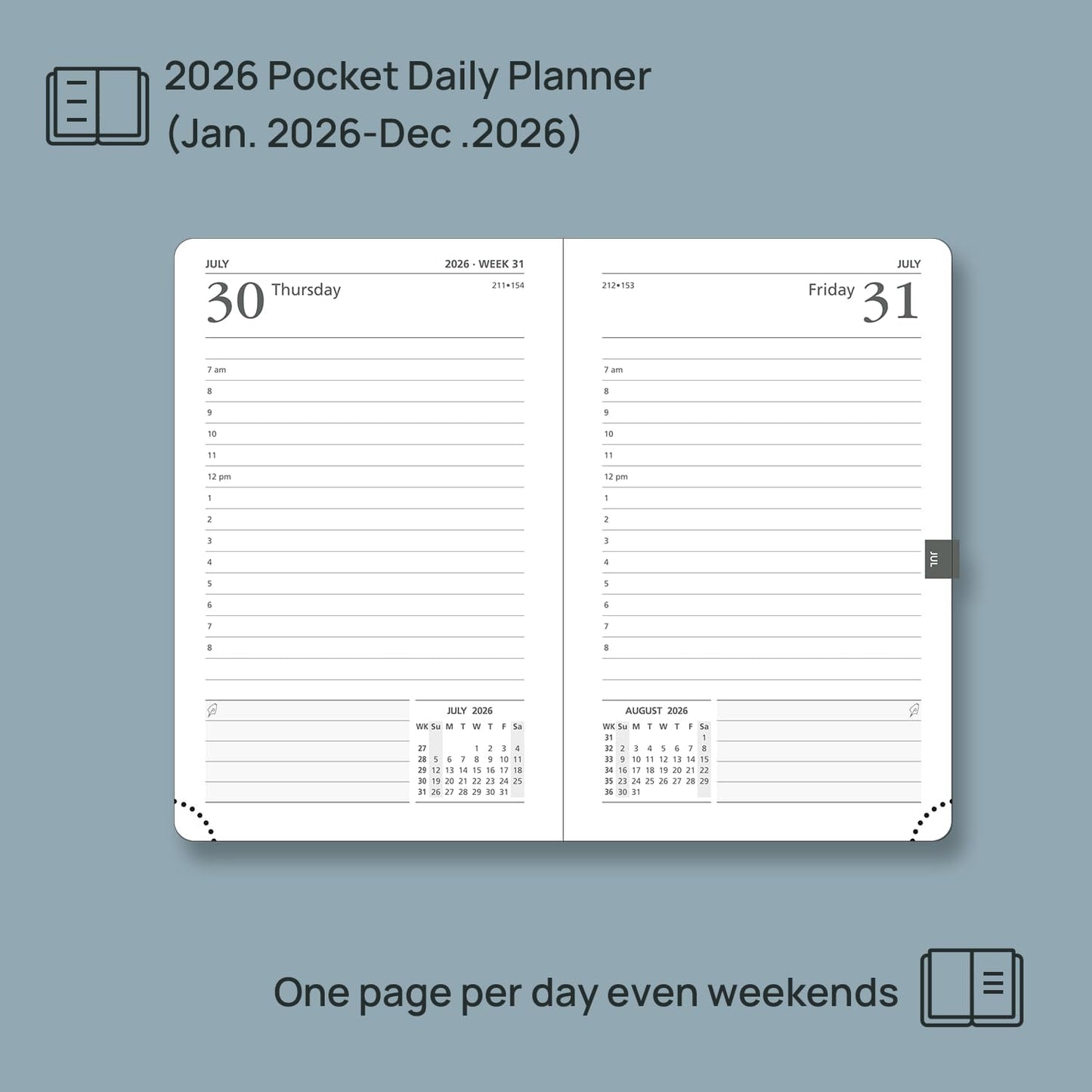 POPRUN 2026 Daily Planner One Page Per Day A6 Size Calendar (4.25" x 6.25") - 12 Months Hourly Appointment Book with Hardcover, Monthly Tabs, Pocket, Pen Holder - Pacific Green