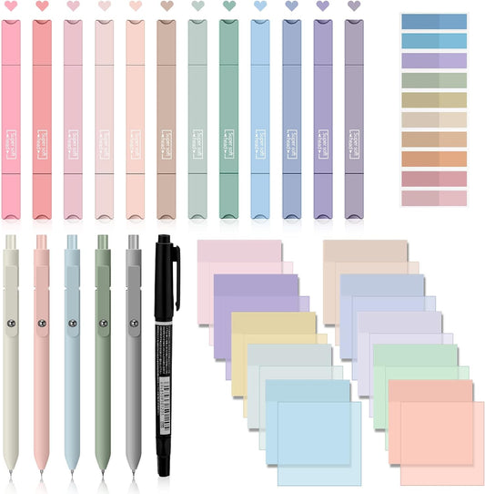 Jutom 38 Pcs Book Annotation Kit Aesthetic Highlighters Gel Pens Set Sticky Notes Tabs Markers Dual Ended Highlighter Quick Dry Ink Pens for Office Annotating Books(Classic Color,Square)