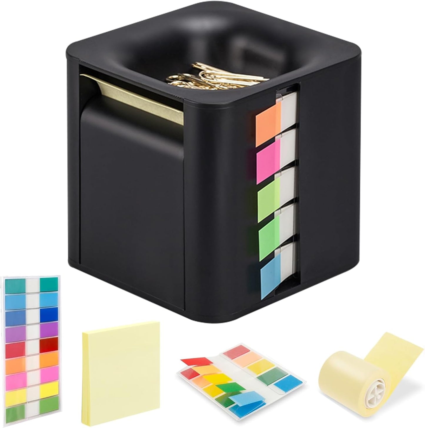 5-in-1 Sticky Note Dispenser and Holder with Pop Up Notes, Transparent Tabs, Magnetic Paper Clip Holder, Roll Sticky Notes - Multifunctional Cube Desk Organizer for Office, School & Home (Black)