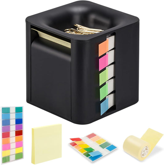 5-in-1 Sticky Note Dispenser and Holder with Pop Up Notes, Transparent Tabs, Magnetic Paper Clip Holder, Roll Sticky Notes - Multifunctional Cube Desk Organizer for Office, School & Home (Black)