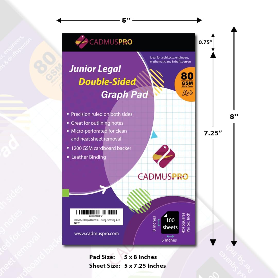 Jr. Legal 5"x8" Compact Graph Pad, 1/4" Double-Side Quadrille Grid, 21-Gram Paper, 100 sheets (200 Pages)/Pad, Sturdy Binding, Perfect for on-the-go use, Students & Professionals (4, White)