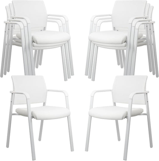 CLATINA Stacking Office Chairs | Mesh Back, Thicken Leather Seat and Arms, Ergonomic Lumber Support | Guest Reception, Waiting, Conference, School, Party, Customer, Side, Stationary | Set of 8, White