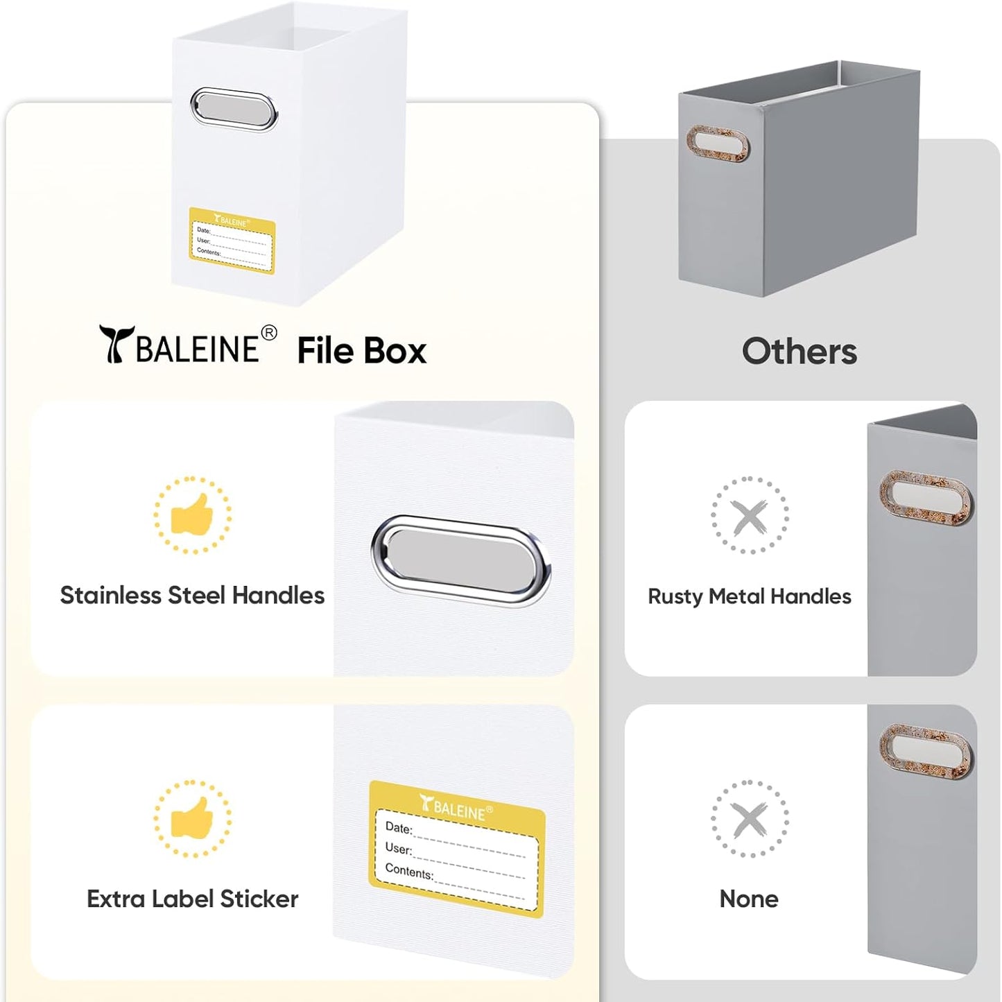 BALEINE File Organizer Box, Cardboard File Folder Organizer with Handle for Letter Size, Portable Collapsible Hanging Filing Box for Home Office Document Storage (2 Pack, White)