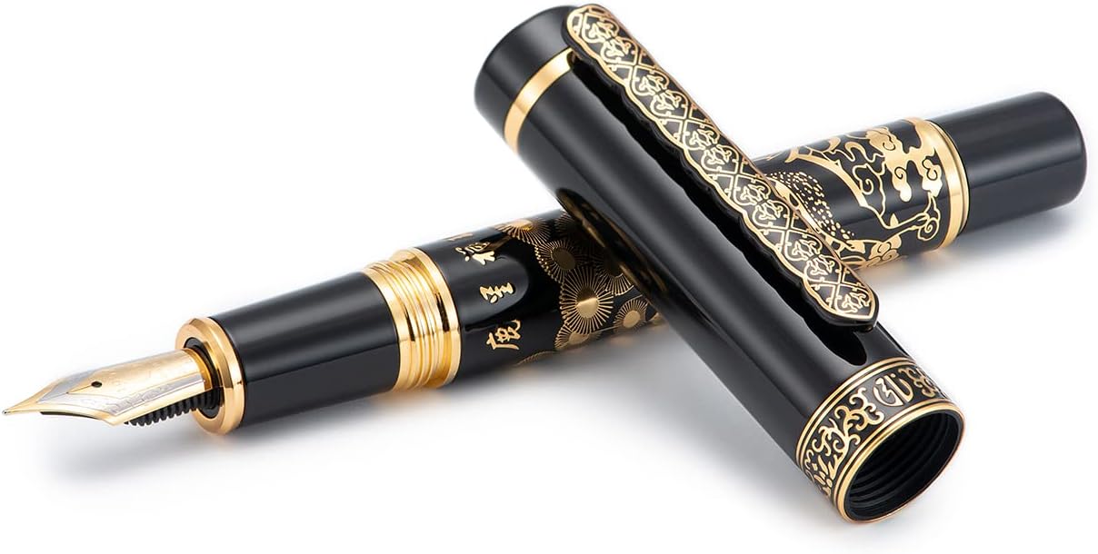 Hongdian 8037 Chinese Classical Fountain Pen, Iridum Fine Gold Nib with Chinese Deer Totem Design, Smooth Writing Pen with Ink Converter and Metal Pen Box Set