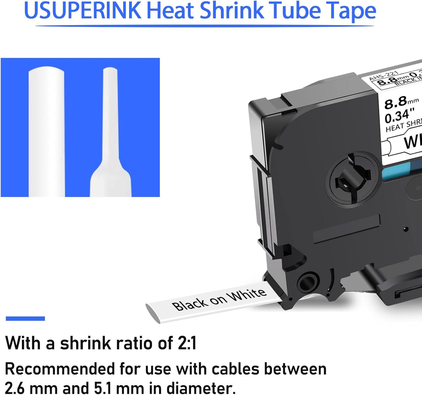 USUPERINK 5 PK Compatible for Brother Ptouch HSe-221 HSe221 HS-221 HS221 8.8mm Black on White Heat Shrink Tube Label Tape use in PT-D210 PT-D400 PT-E300 PT-E500 PT-P750WVP Label Maker (0.34''x 4.92ft)